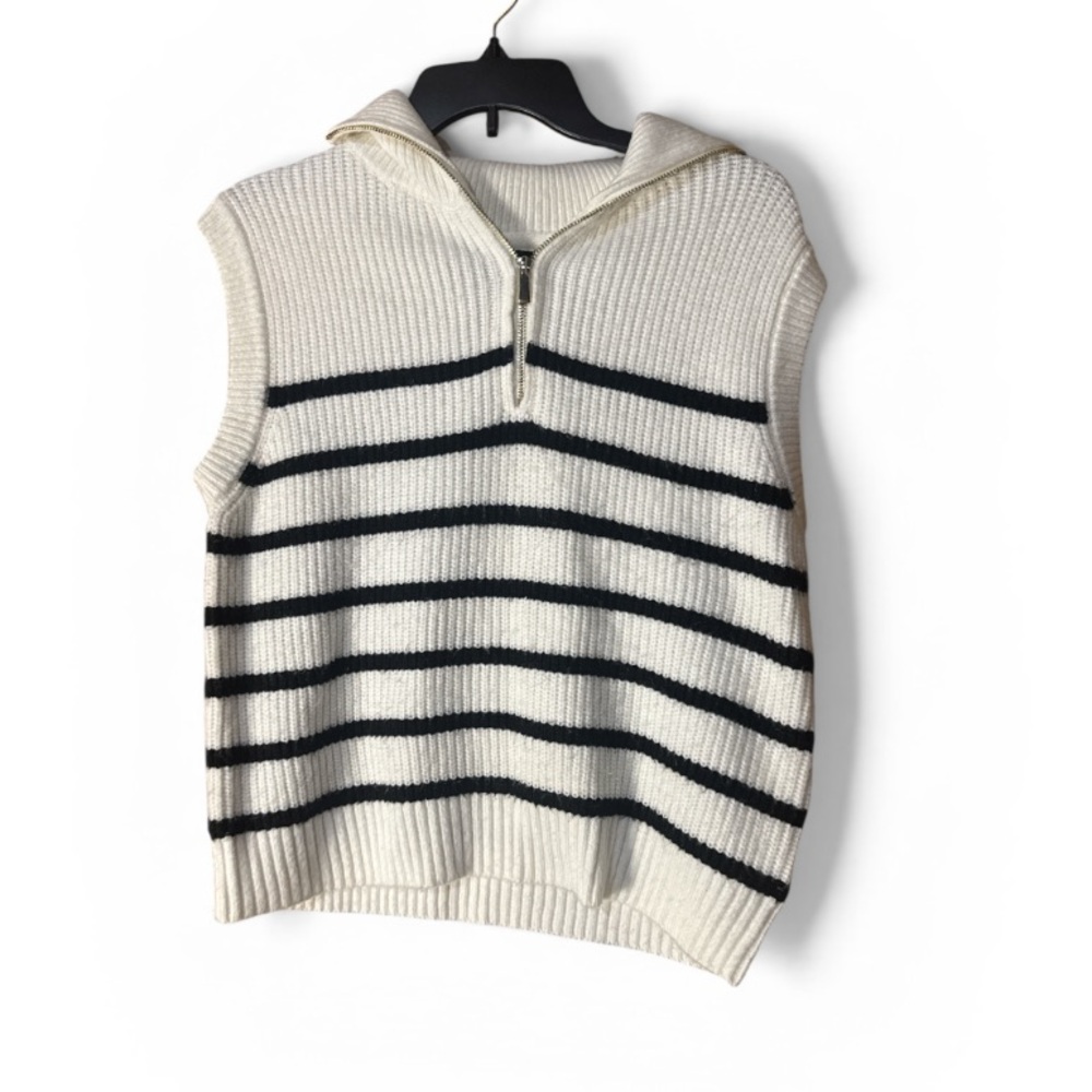 Cynthia Rowley Knit Sleeveless Half-Zip Sweater Boxy Black Stripes - Size M - Picture 2 of 6